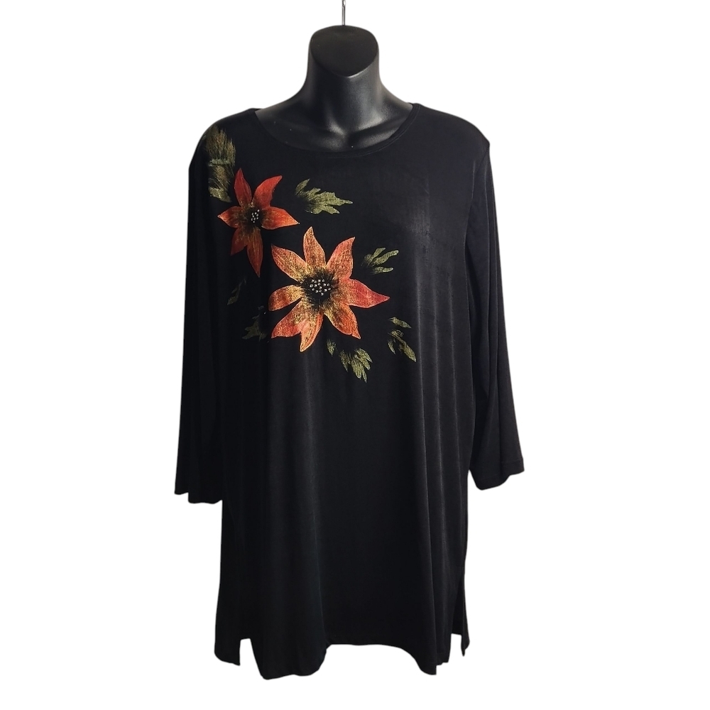 Marshall Rousso Women's Black Floral 3/4 Sleeve Stretch Top Tunic Size Large